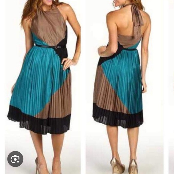 🪅Vince Camuto Teal Taupe Black Halter colorblock dress 14 - Picture 2 of 10